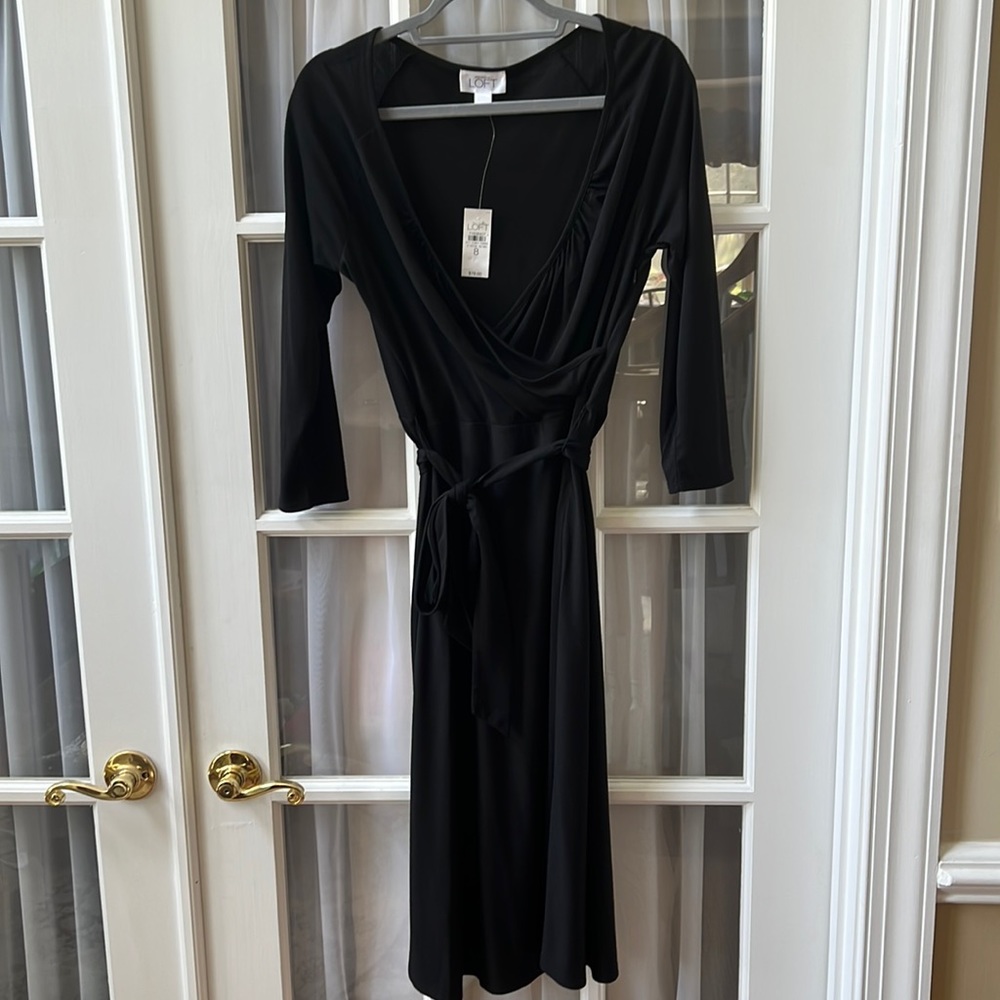 The Loft sleeved black dress with tie at waist.